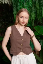 Düğmeli Keten Yelek HS603-78-(S-XL)