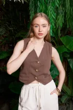 Düğmeli Keten Yelek HS603-78-(S-XL)