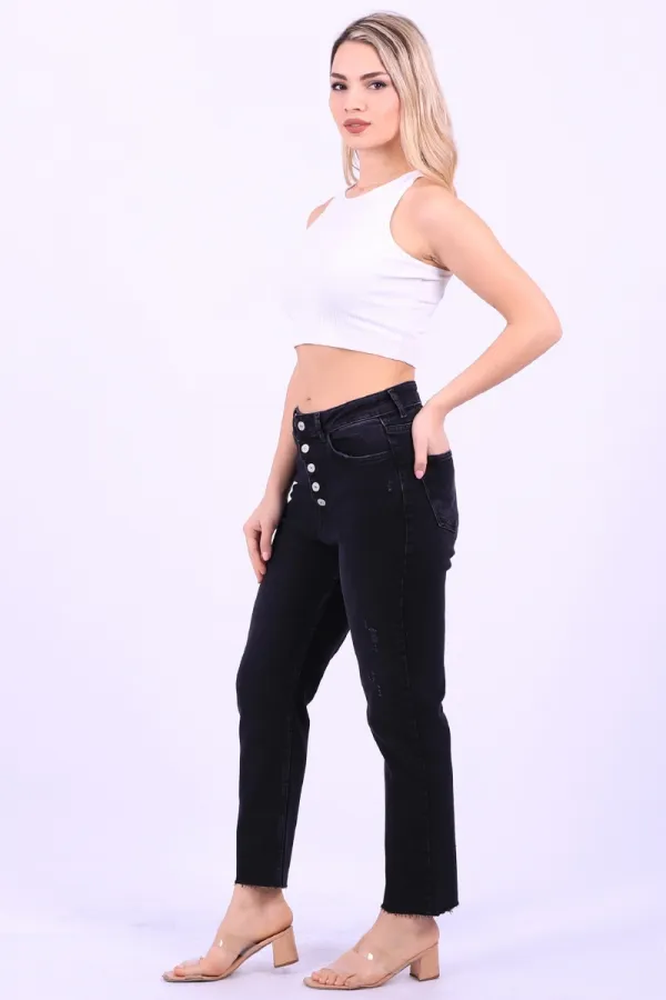 High Rise Mom Fit Jean with Five Buttons 745-03-(28-33) Anthracite Denim