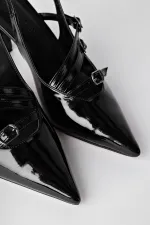 Muggo KİDMAN Garantili Arkası Açık Kemer Detaylı Üç Bantlı Rugan Kadın Topuklu Ayakkabı