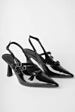 Muggo KİDMAN Garantili Arkası Açık Kemer Detaylı Üç Bantlı Rugan Kadın Topuklu Ayakkabı