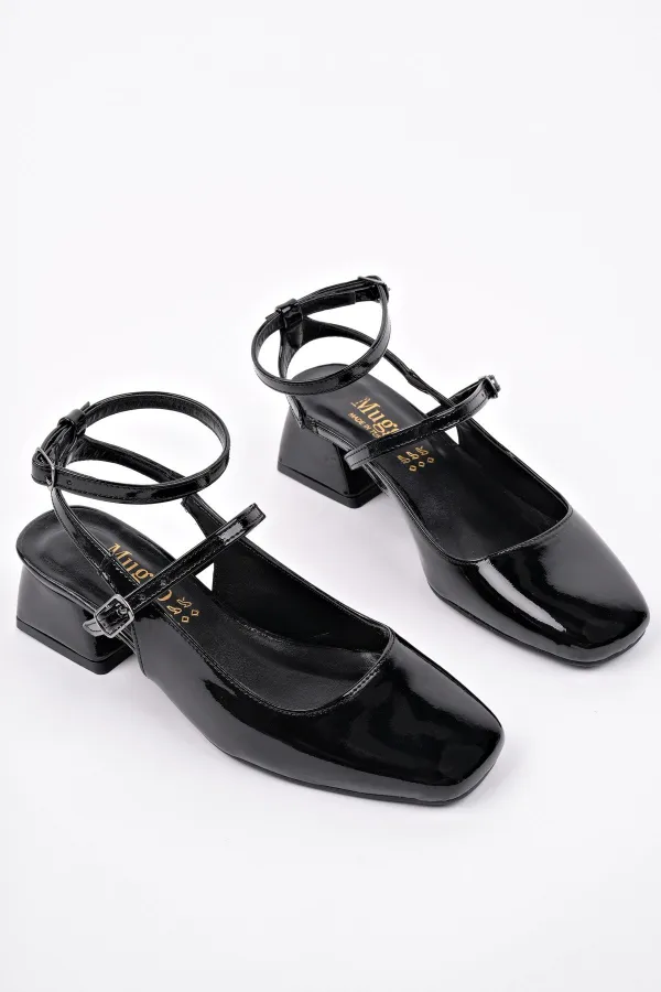 Muggo CHOPRA Kare Burun Çift Kemerli Bilekten Bağlamalı Arkası Açık Kısa Topuklu Ayakkabı