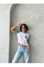 Denim Detailed Wholesale T-Shirt - Cream Blue | Topshow