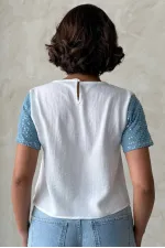 Denim Detailed Wholesale T-Shirt - Cream Blue | Topshow