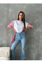 Topshow White Fuchsia Striped Poplin Sleeve Wholesale T-Shirt
