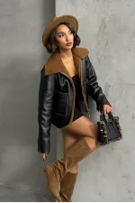 Amine Leather Zippered Wholesale Coat - Black Brown | TOPSHOW | F1511
