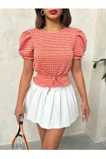 Topshow Oranj Beli Gipeli Pitikareli Toptan Bluz Topshow Oranj Beli Gipeli Pitikareli Toptan Bluz