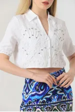 Topshow Krem Yaprak Desenli Taşlı Toptan Gömlek