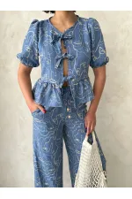 Wholesale Tie-Front Embroidered Blouse - Dark Blue | Topshow
