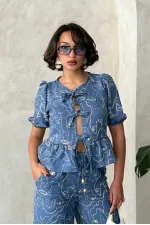 Wholesale Tie-Front Embroidered Blouse - Dark Blue | Topshow