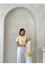 Chemisier à manches courtes en crochet à motif damier - Jaune | Topshow