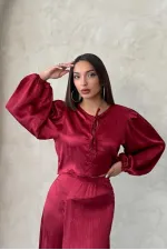 Kraşlı Saten Önden Bağlamalı Toptan Bluz - Bordo | Topshow | F1916