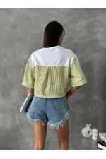 Topshow Pistachio Green Striped Poplin Sleeve Wholesale T-Shirt