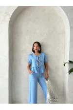 Front-Tie Embroidered Wholesale Blouse - Light Blue | Topshow