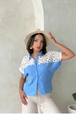 Wholesale Laced Chest Blouse - Blue | Topshow