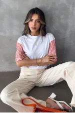 Topshow Orange Striped Poplin Sleeve Wholesale T-Shirt