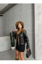 Amine Leather Zippered Wholesale Coat - Black Brown | TOPSHOW | F1511