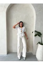 Önden Bağlamalı Nakışlı Toptan Bluz - Krem | Topshow