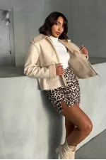 Laminated Leather Zippered Wholesale Coat - Light Stone | TOPSHOW | F1511