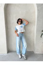 Denim Detailed Wholesale T-Shirt - Cream Blue | Topshow