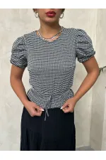 Topshow Black Waist Plaid Printed Wholesale Blouse
