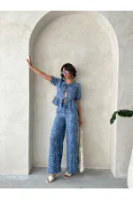 Wholesale Tie-Front Embroidered Blouse - Dark Blue | Topshow