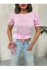 Topshow Pink Waist Plaid Printed Wholesale Blouse