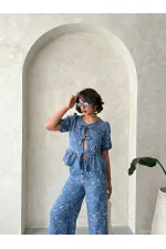 Wholesale Tie-Front Embroidered Blouse - Dark Blue | Topshow