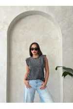 Stone Detailed Washed Wholesale Blouse - Black | Topshow