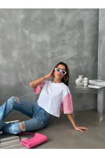 Topshow White Fuchsia Striped Poplin Sleeve Wholesale T-Shirt