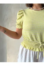 Topshow Fıstık Yeşili Beli Gipeli Pitikareli Toptan Bluz