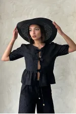 Önden Bağlamalı Nakışlı Toptan Bluz - Siyah Siyah | Topshow