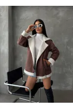 Deri Fermuarlı Yakası Kürklü Toptan Mont - Taba Krem | TOPSHOW | F1534