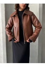 Manteau zippé en cuir laminé - Tan | TOPSHOW | F1511