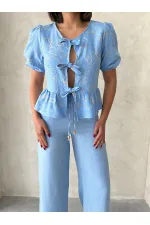 Front-Tie Embroidered Wholesale Blouse - Light Blue | Topshow