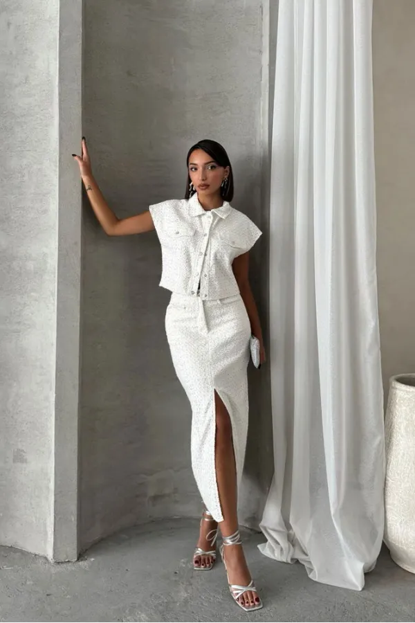 Sequined Denim Wholesale Skirt - White Dsn 1 | TOPSHOW | F1707