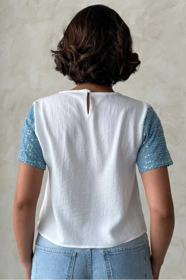Denim Detailed Wholesale T-Shirt - Cream Blue | Topshow