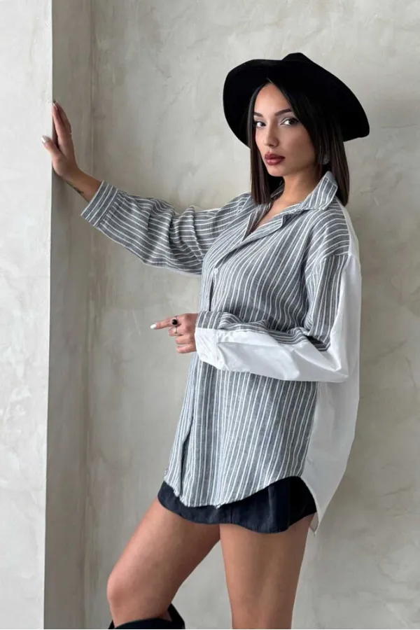 Denim Detailed Wholesale T-Shirt - Cream Blue | Topshow | F1917