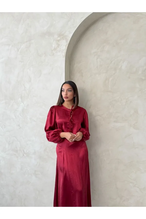 Kraşlı Saten Önden Bağlamalı Toptan Bluz - Bordo | Topshow | F1916