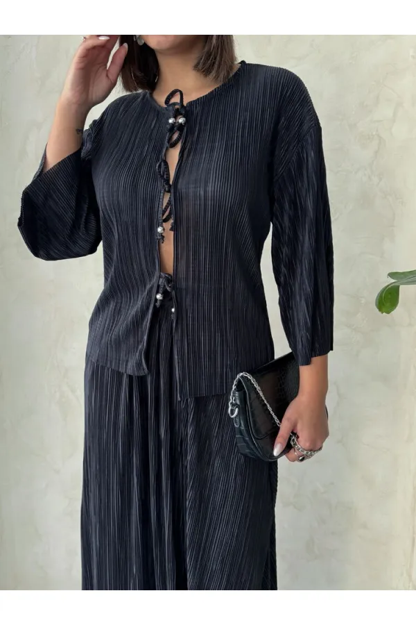 Önden Bağlamalı Plise Gömlek - Siyah | Topshow | F1739 Önden Bağlamalı Plise Gömlek - Siyah | Topshow | F1739