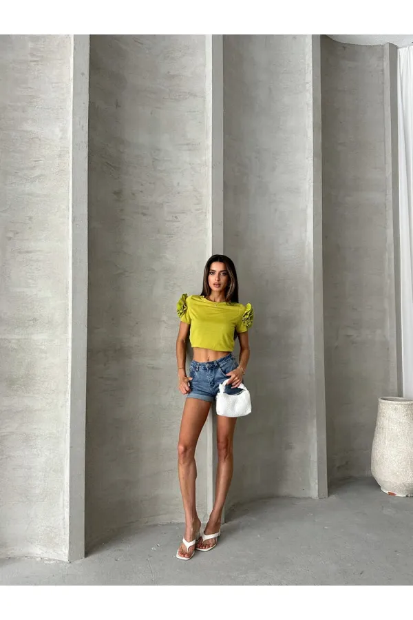 Topshow Pistachio Green Shoulder Rose Wholesale T-Shirt