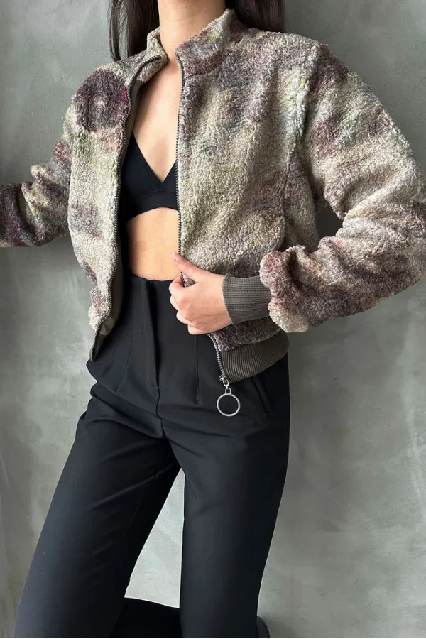 Desenli Peluş Toptan Mont - Kamuflaj | TOPSHOW | F1129