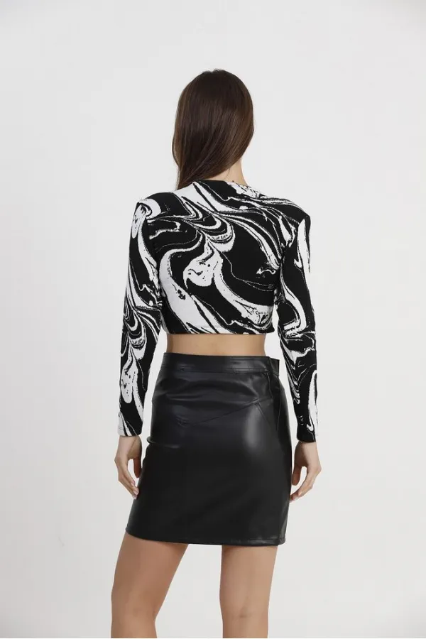 Crop Jakarlı Toptan Bluz - Siyah Ebruli | TOPSHOW | F1271
