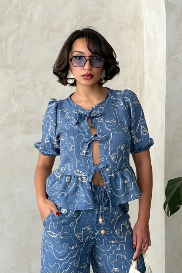 Wholesale Tie-Front Embroidered Blouse - Dark Blue | Topshow