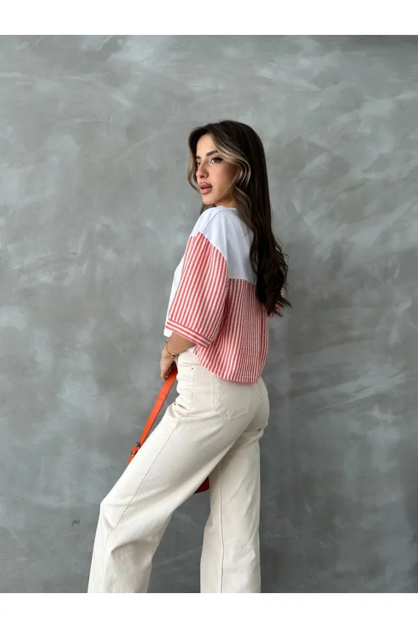Topshow Orange Striped Poplin Sleeve Wholesale T-Shirt