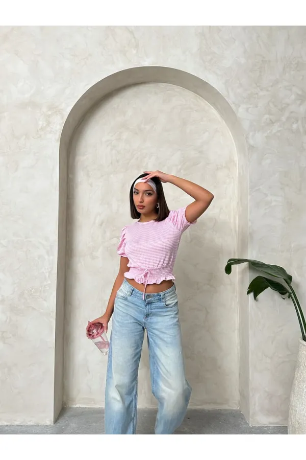 Topshow Pink Waist Plaid Printed Wholesale Blouse