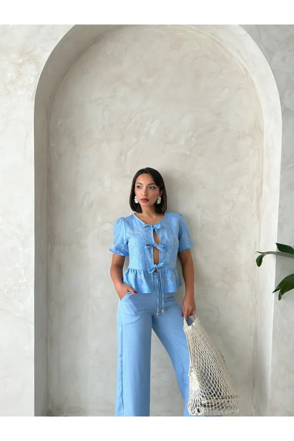 Front-Tie Embroidered Wholesale Blouse - Light Blue | Topshow