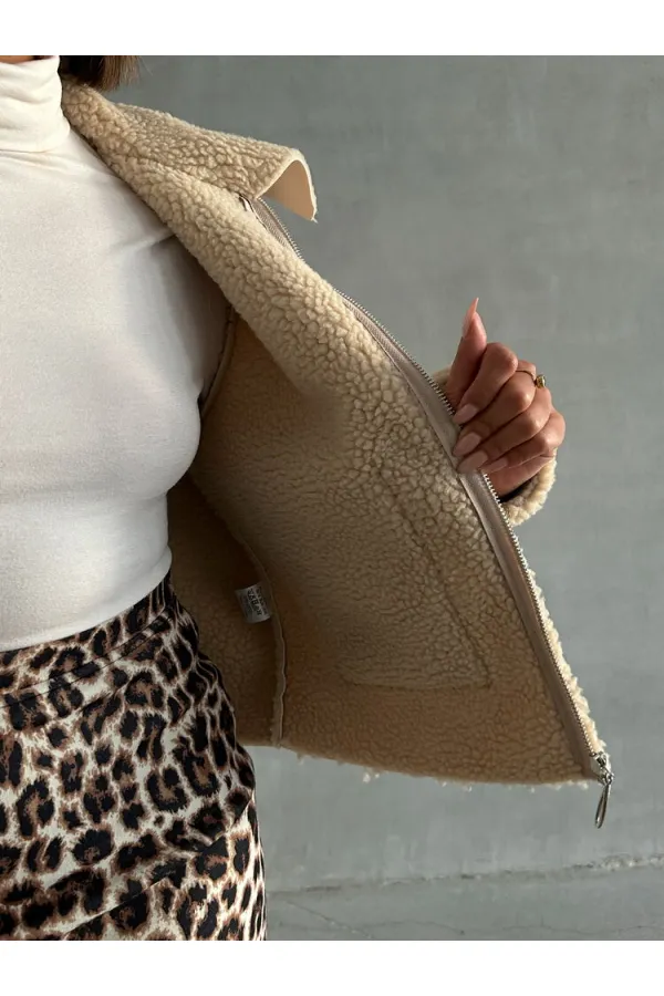 Laminated Leather Zippered Wholesale Coat - Light Stone | TOPSHOW | F1511