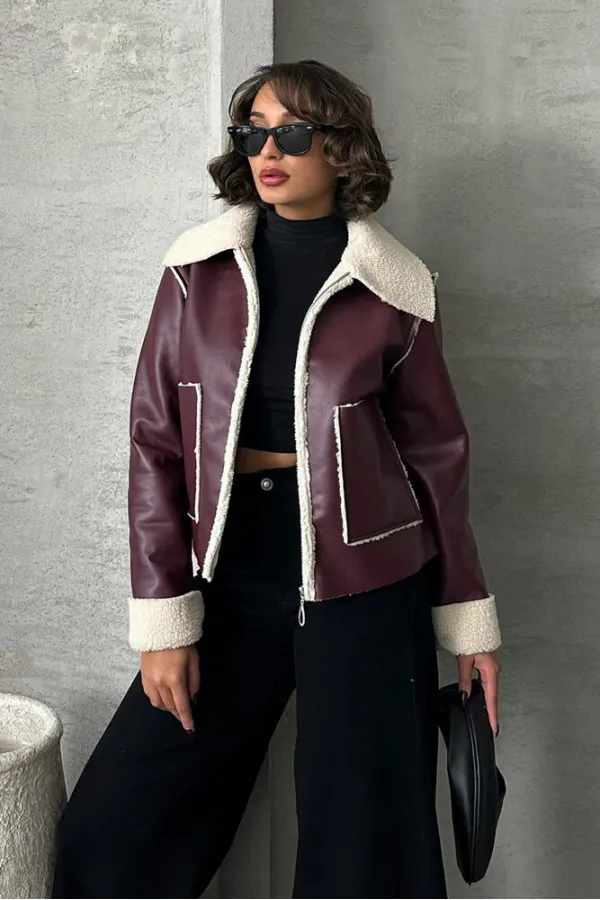 Zippered Wholesale Leather Jacket - Claret Red Cream | TOPSHOW | F1511