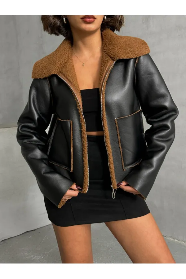 Amine Leather Zippered Wholesale Coat - Black Brown | TOPSHOW | F1511